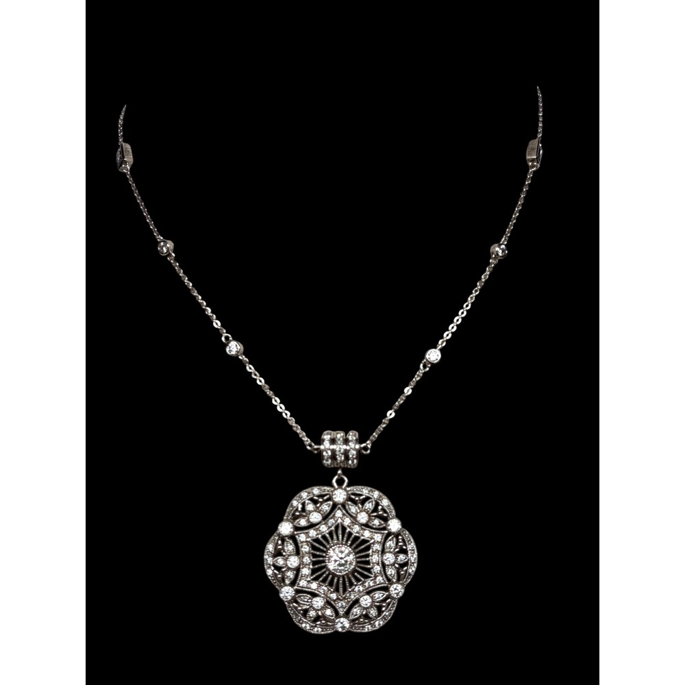 Joseph Esposito Sterling Silver CZ Art Deco Station Necklace 16" Magnet Clasp